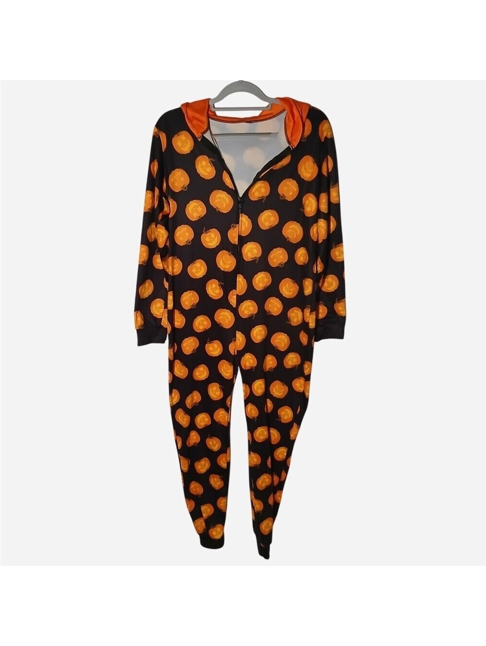 Just Love Halloween Pumpkin Onesie Pajamas Kids Size 12-14T Jack O Lantern Hood